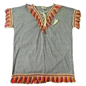 Entro Neon Fringe Striped Cover Up Dress Small Blue White Tassel Boho Beach